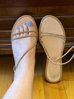 Rella Mae Rose Gold Strappy Flat Sandals with Beaded Straps